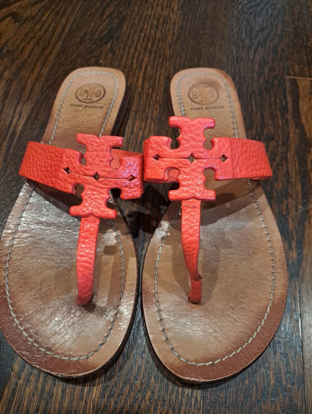 Tory Burch Orange-Red Leather Logo Thong Sandals